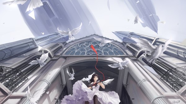 Anime picture 1366x768 with original jn3 single long hair fringe black hair wide image holding sky wind from below flying girl dress ribbon (ribbons) weapon animal pantyhose white dress bird (birds)