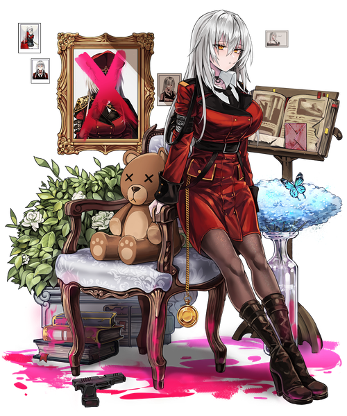 Anime-Bild 1000x1200 mit girls frontline female commander (girls frontline) nlitz single long hair tall image fringe breasts hair between eyes large breasts sitting yellow eyes payot looking away silver hair full body indoors long sleeves arm support high heels