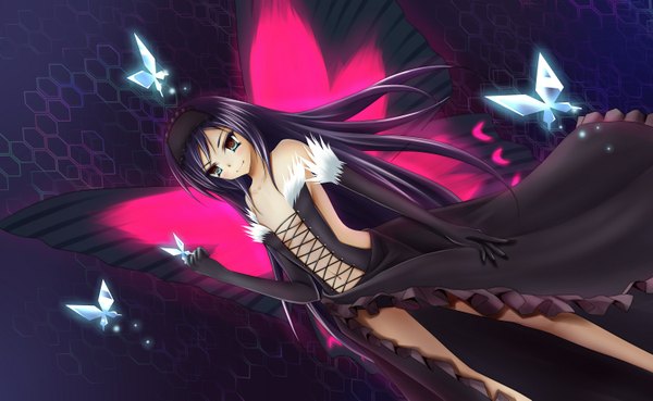 Anime picture 1500x923 with accel world sunrise (studio) kuroyukihime rasielcochma single long hair black hair wide image bare shoulders brown eyes insect wings butterfly wings girl dress gloves elbow gloves hairband insect butterfly