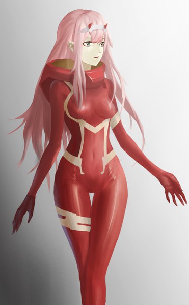 Anime picture 1698x2740 with darling in the franxx studio trigger zero two (darling in the franxx) chati h single long hair tall image fringe green eyes looking away pink hair blunt bangs horn (horns) gradient background thigh gap covered navel girl bodysuit pilot suit