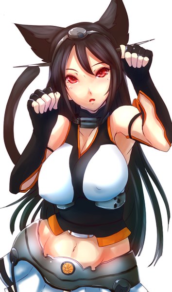 Anime picture 768x1300 with kantai collection nagato battleship dearmybrothers single long hair tall image looking at viewer breasts open mouth light erotic black hair simple background red eyes large breasts standing white background bare shoulders animal ears tail animal tail