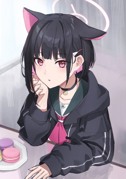 Anime picture 1500x2122 with blue archive kazusa (blue archive) nekoreito single tall image fringe short hair black hair animal ears looking away blunt bangs pink eyes multicolored hair from above colored inner hair head rest girl uniform choker serafuku
