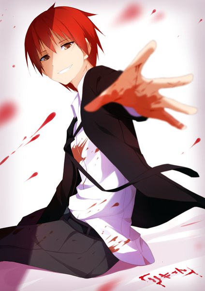 Anime picture 800x1131 with ansatsu kyoushitsu akabane karma riki-to single tall image looking at viewer short hair smile sitting brown eyes signed red hair blurry inscription depth of field shaded face outstretched hand between legs injury blood stains