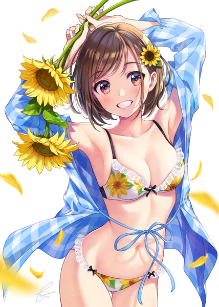 Anime picture 1191x1670 with original morikura en single tall image looking at viewer blush fringe short hair breasts light erotic simple background smile brown hair standing white background holding brown eyes signed cleavage hair flower