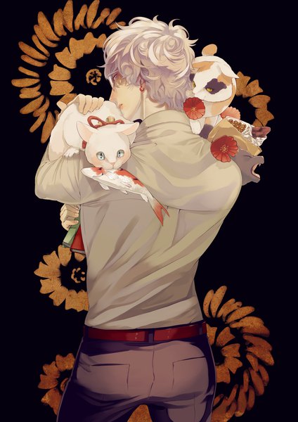 Anime picture 2893x4092 with original fasna tall image highres simple background standing holding looking back from behind back black background animal on shoulder boy flower (flowers) animal shirt belt cat fish (fishes) koi