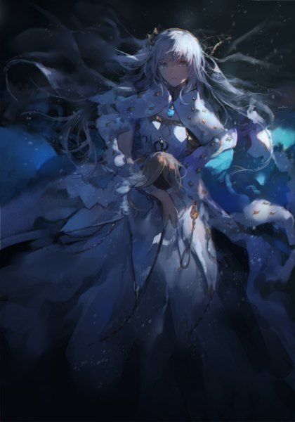 Anime picture 1400x2000 with fate (series) fate/grand order anastasia (fate) viy (fate) swd3e2 single long hair tall image looking at viewer fringe blue eyes hair between eyes holding signed silver hair parted lips girl dress hairband white dress