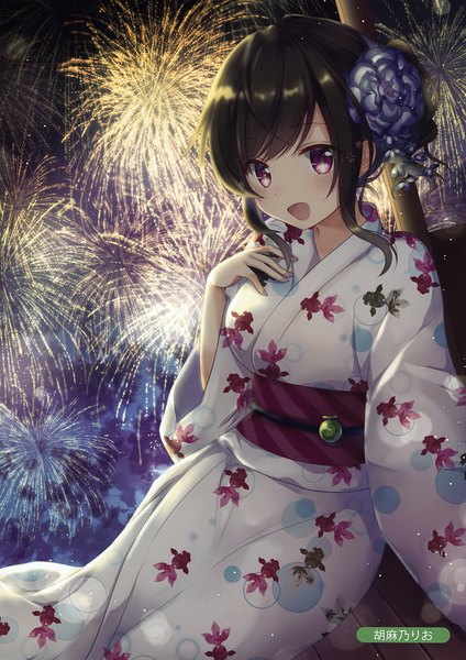 Anime picture 2472x3500 with original melonbooks emilion single tall image blush fringe highres short hair open mouth black hair sitting purple eyes signed traditional clothes japanese clothes scan animal print fireworks fish print