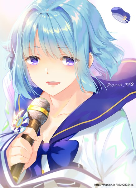 Anime picture 600x825 with ensemble stars! shino hajime trianon single tall image looking at viewer short hair open mouth purple eyes signed blue hair upper body twitter username otoko no ko sailor collar hat removed headwear removed androgynous boy microphone
