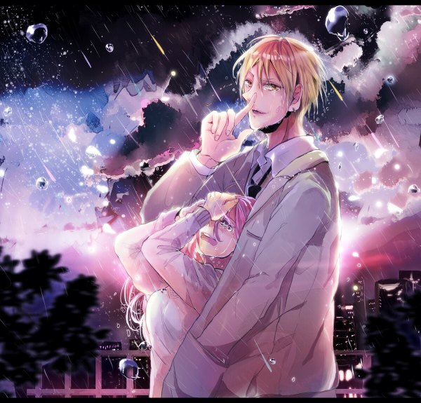 Anime picture 1200x1150 with kuroko no basket production i.g kise ryouta momoi satsuki long hair short hair blonde hair yellow eyes pink hair sky cloud (clouds) pink eyes from behind orange eyes couple hug tears finger to mouth rain hand in pocket
