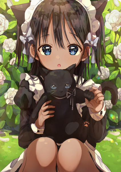 Anime picture 2480x3508 with original peach punch single long hair tall image looking at viewer blush fringe highres open mouth blue eyes black hair hair between eyes holding animal ears tail long sleeves animal tail cat ears :o