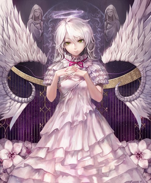 Anime picture 835x1012 with original jname single tall image looking at viewer short hair yellow eyes sky white hair fantasy expressionless interlocked fingers angel gate girl dress flower (flowers) ribbon (ribbons) earrings star (stars)