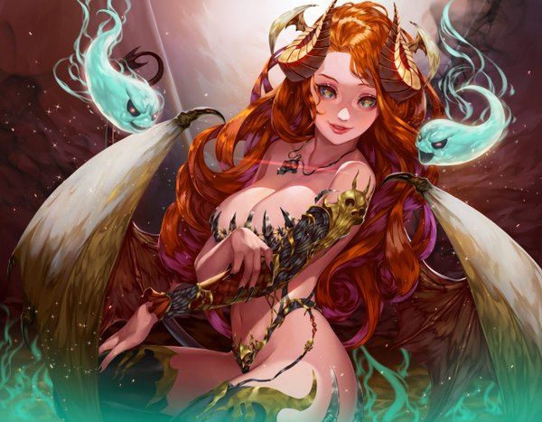 Anime picture 1308x1020 with original coffee dog single long hair looking at viewer breasts blue eyes light erotic smile large breasts nail polish horn (horns) lips orange hair glowing wavy hair head wings ghost girl detached sleeves