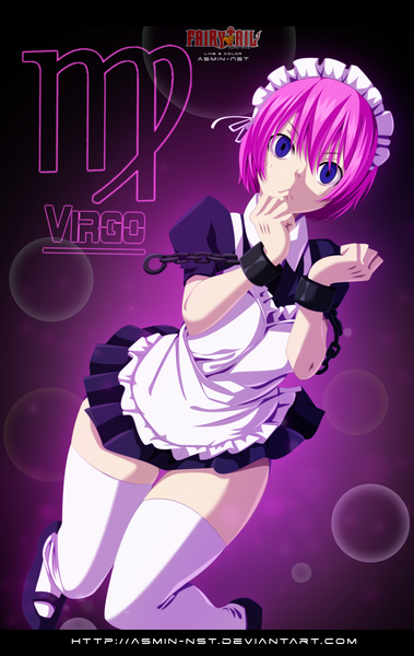 Anime picture 2000x3166 with fairy tail virgo (fairy tail) iitheluciferii single tall image highres short hair purple eyes pink hair inscription maid copyright name coloring girl thighhighs white thighhighs headdress maid headdress shackles