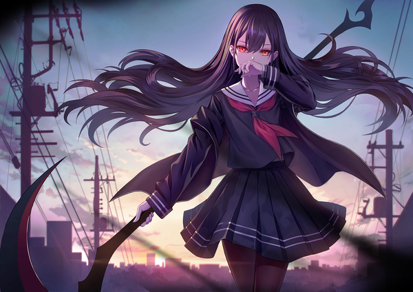 Anime picture 1684x1191 with original sion (9117) single long hair looking at viewer fringe black hair hair between eyes red eyes standing holding sky cloud (clouds) outdoors long sleeves pleated skirt arm up wind off shoulder open jacket