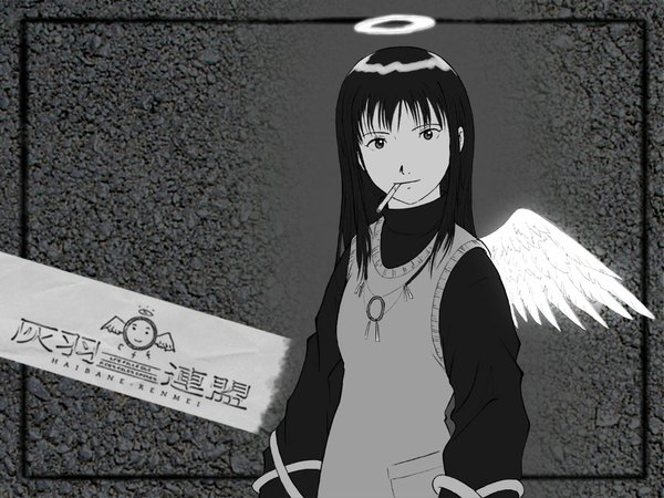 Anime picture 1024x768 with haibane renmei reki (haibane) wallpaper girl wings halo cigarette r kampfgruppe