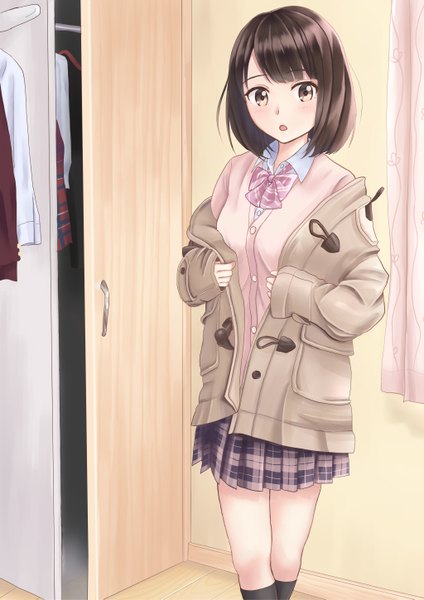 Anime picture 1024x1449 with original yukimaru217 single tall image looking at viewer fringe short hair open mouth brown hair brown eyes indoors blunt bangs pleated skirt :o sleeves past wrists plaid skirt undressing girl skirt socks