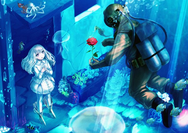 Anime picture 1771x1254 with original shiobana long hair fringe highres standing purple eyes bent knee (knees) white hair from above sunlight :o underwater sunbeam weightlessness girl gloves flower (flowers) rose (roses) bubble (bubbles)