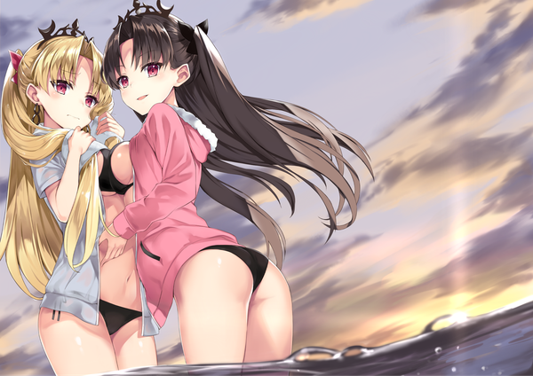 Anime picture 1736x1228 with fate (series) fate/grand order ishtar (fate) ereshkigal (fate) ishtar (swimsuit rider) (fate) mafu9 long hair looking at viewer blush fringe highres breasts open mouth light erotic black hair blonde hair red eyes standing multiple girls sky