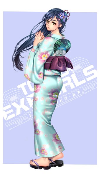 Anime picture 687x1200 with tokyo exe girls masami chie single long hair tall image looking at viewer brown eyes blue hair traditional clothes japanese clothes looking back inscription copyright name floral print border outside border hands clasped purple background girl hair ornament