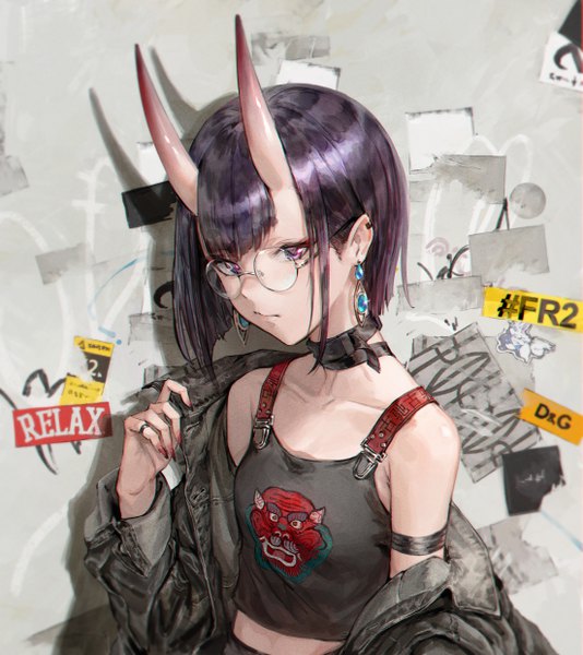 Anime picture 4413x4951 with fate (series) fate/grand order shuten douji (fate) shogo (shogo) single tall image looking at viewer blush fringe highres short hair purple eyes payot absurdres purple hair upper body horn (horns) fingernails off shoulder open jacket