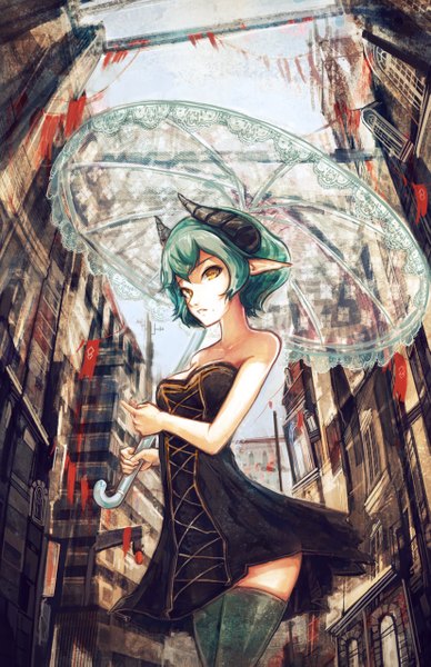 Anime picture 825x1275 with saimon ma single tall image looking at viewer short hair standing yellow eyes sky horn (horns) green hair from below city cityscape lacing street transparent umbrella girl thighhighs dress black dress