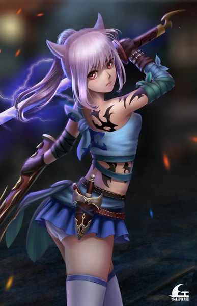 Anime picture 2411x3732 with final fantasy final fantasy xiv square enix miqo'te satomi (745684552) single long hair tall image looking at viewer fringe highres light erotic red eyes standing holding signed animal ears payot purple hair ponytail