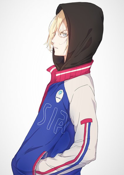 Anime picture 787x1114 with yuri!!! on ice mappa yuri plisetsky toto single tall image looking at viewer fringe short hair blue eyes simple background blonde hair standing white background upper body profile hair over one eye hands in pockets boy hood