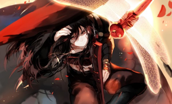Anime picture 1920x1161 with original pixiv fantasia pixiv fantasia t joseph lee single long hair looking at viewer highres black hair red eyes wide image girl petals insect dragonfly