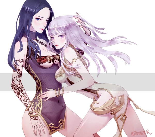 Anime picture 1691x1500 with blade & soul tagme (character) jin seo yeon heather37 long hair looking at viewer blush breasts blue eyes light erotic simple background white background purple eyes bare shoulders multiple girls blue hair cleavage silver hair nail polish lips
