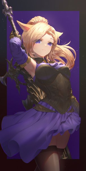Anime picture 973x1920 with final fantasy final fantasy xiv square enix miqo'te holz single long hair tall image looking at viewer fringe breasts simple background blonde hair standing purple eyes holding animal ears ponytail braid (braids) arm up