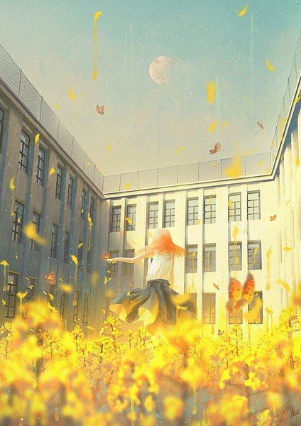 Anime picture 800x1132 with original tamaki (tamaki illust) single long hair tall image standing sky outdoors wind from behind orange hair outstretched arm girl skirt flower (flowers) plant (plants) shirt petals white shirt insect