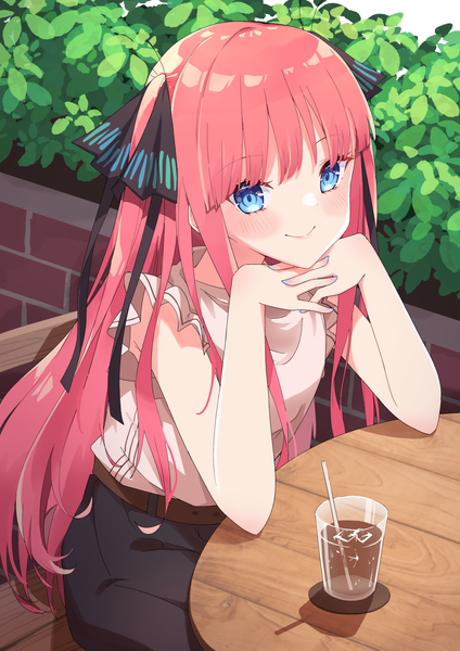 Anime picture 1200x1697 with go-toubun no hanayome nakano nino profnote single long hair tall image looking at viewer blush fringe blue eyes smile pink hair blunt bangs two side up sleeveless interlocked fingers chin rest brick wall girl hair ornament