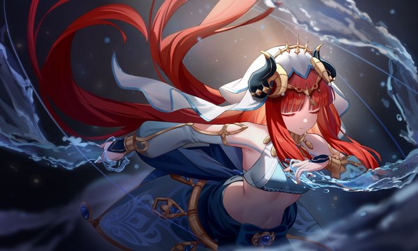 Anime picture 2644x1586 with genshin impact nilou (genshin impact) moonct single fringe highres wide image red hair blunt bangs eyes closed very long hair horn (horns) from above midriff magic girl detached sleeves water crop top veil