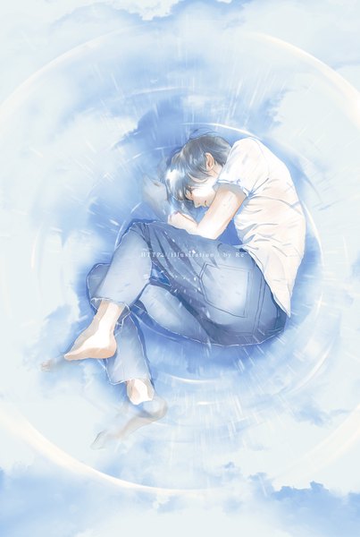 Anime picture 768x1142 with original re (artist) single tall image short hair black hair signed eyes closed barefoot from above partially submerged embryo's pose boy shirt water white shirt jeans blue jeans