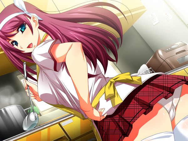 Anime picture 1024x768 with mesu ido (game) long hair open mouth blue eyes light erotic game cg red hair cooking girl thighhighs skirt underwear panties miniskirt shirt white thighhighs