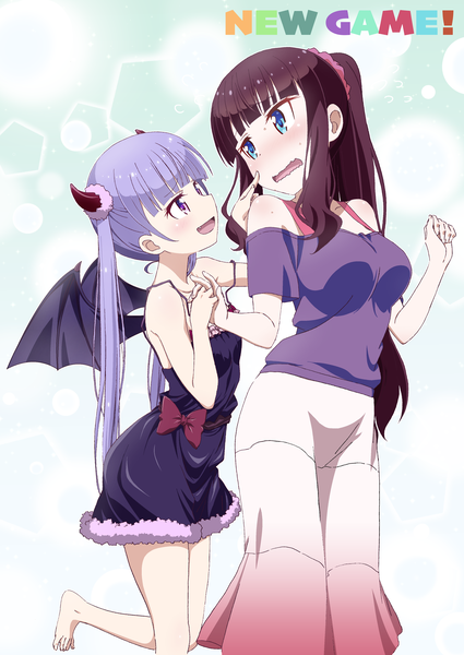 Anime picture 3055x4313 with new game! doga kobo suzukaze aoba takimoto hifumi pink x long hair tall image fringe highres breasts open mouth blue eyes smile brown hair purple eyes twintails multiple girls payot absurdres purple hair