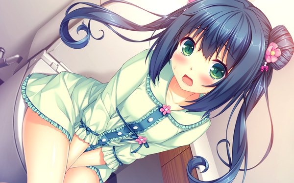 Anime-Bild 1280x800 mit boku to koi suru ponkotsu akuma. ryusenji aifa sayori single long hair looking at viewer blush fringe open mouth light erotic hair between eyes sitting green eyes payot blue hair indoors :d hair flower official art :o