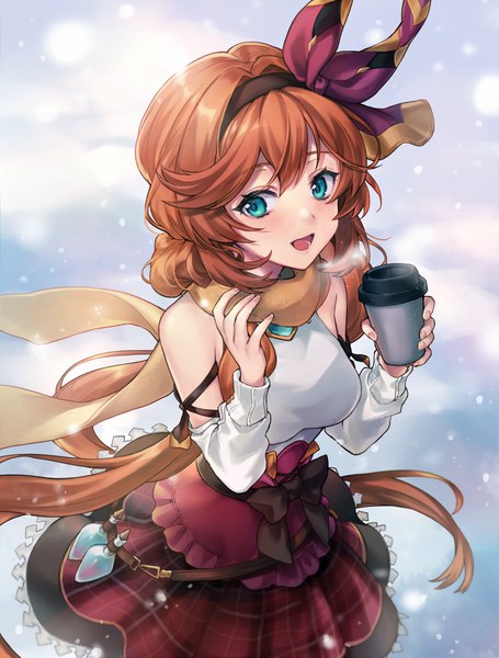 Anime picture 759x1000 with granblue fantasy clarisse (granblue fantasy) shiao single tall image fringe open mouth hair between eyes twintails looking away outdoors very long hair :d aqua eyes from above orange hair low twintails snowing steam girl