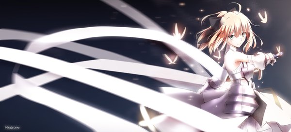 Anime picture 3897x1769 with fate (series) fate/stay night fate/unlimited codes type-moon artoria pendragon (all) saber saber lily magicians (zhkahogigzkh) single long hair looking at viewer blush fringe highres blonde hair smile wide image green eyes signed ahoge