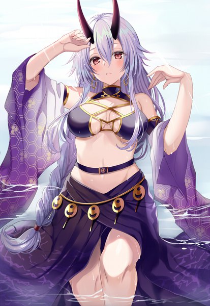 Anime picture 700x1015 with fate (series) fate/grand order tomoe gozen (fate) tomoe gozen (swimsuit saber) (fate) harimoji single long hair tall image looking at viewer blush fringe breasts open mouth light erotic simple background hair between eyes red eyes large breasts bare shoulders payot