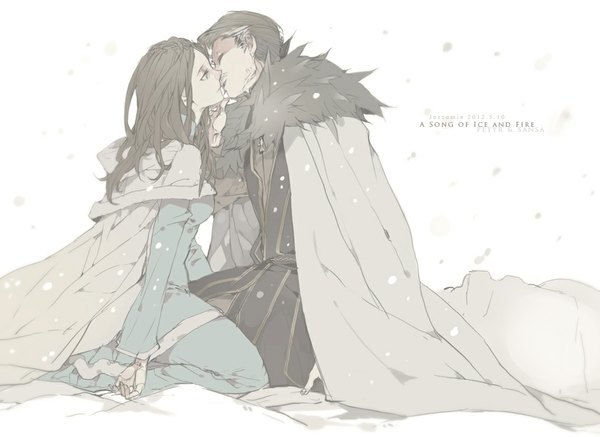 Anime picture 1068x779 with a song of ice and fire sansa stark petyr baelish wavesheep long hair short hair brown hair white background sitting inscription snowing winter snow face to face hand on face almost kiss girl dress boy cape