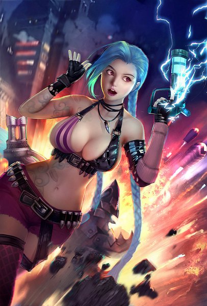Anime picture 732x1080 with league of legends jinx (league of legends) da congjun single tall image breasts open mouth light erotic large breasts standing purple eyes bare shoulders blue hair looking away braid (braids) very long hair lips realistic bare belly midriff