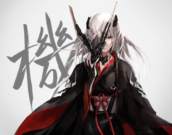 Anime picture 1100x864 with original yucca-612 (neco) single long hair looking at viewer fringe simple background red eyes silver hair traditional clothes japanese clothes girl kimono obi mask