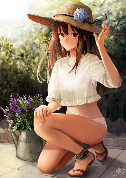 Anime picture 707x1000 with idolmaster idolmaster cinderella girls shibuya rin zzing single long hair tall image looking at viewer brown hair green eyes outdoors arm up hair flower bare legs alternate costume legs girl navel flower (flowers) hat