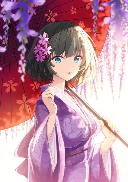 Anime picture 744x1053 with idolmaster idolmaster cinderella girls takagaki kaede shailiar single long hair tall image looking at viewer fringe short hair blue eyes black hair holding long sleeves traditional clothes parted lips japanese clothes arm up hair flower wide sleeves