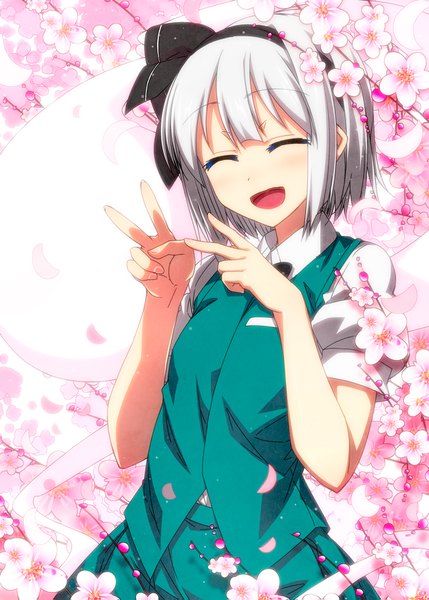 Anime picture 1200x1679 with touhou konpaku youmu myon sazanami mio single tall image blush short hair open mouth silver hair upper body eyes closed cherry blossoms victory ^ ^ ghost girl dress skirt flower (flowers)