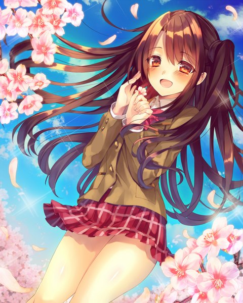 Anime picture 1200x1500 with idolmaster idolmaster cinderella girls shimamura uzuki saijou haruki single long hair tall image blush open mouth smile brown hair standing brown eyes outdoors fingernails wind one side up cherry blossoms happy girl