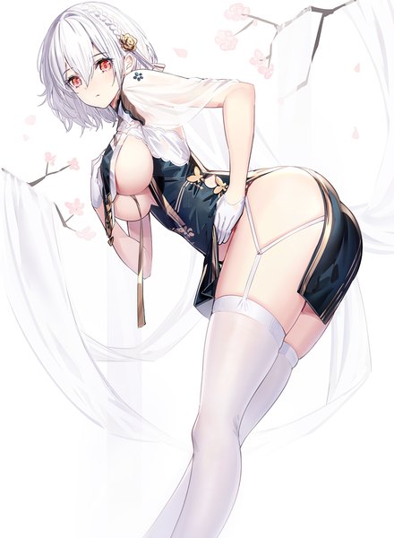 Anime picture 881x1200 with azur lane sirius (azur lane) sirius (azure horizons) (azur lane) ririko (zhuoyandesailaer) single tall image looking at viewer blush fringe short hair breasts light erotic simple background hair between eyes red eyes large breasts standing white background bent knee (knees) white hair
