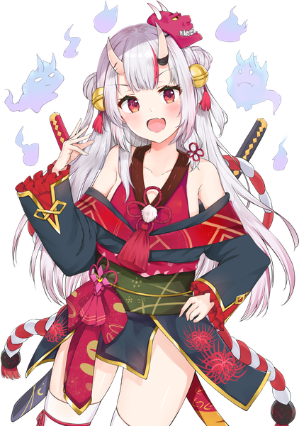 Anime picture 1441x2048 with virtual youtuber hololive nakiri ayame nakiri ayame (1st costume) karma (nakiri ayame) shiranui (nakiri ayame) racchi. single long hair tall image looking at viewer blush fringe open mouth red eyes bare shoulders payot silver hair traditional clothes head tilt