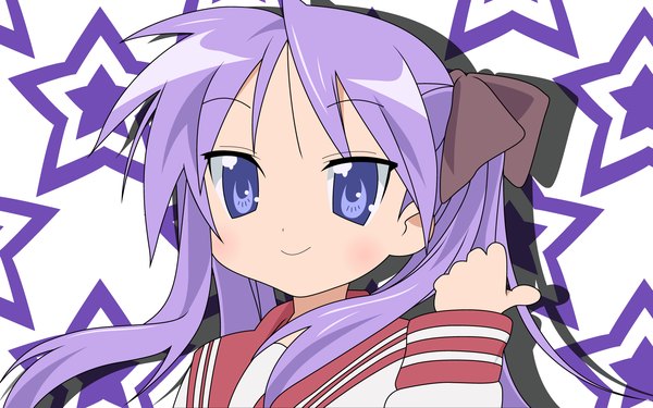 Anime picture 1920x1200 with lucky star kyoto animation hiiragi kagami blush highres twintails purple hair light smile girl ribbon (ribbons) hair ribbon serafuku star (symbol)